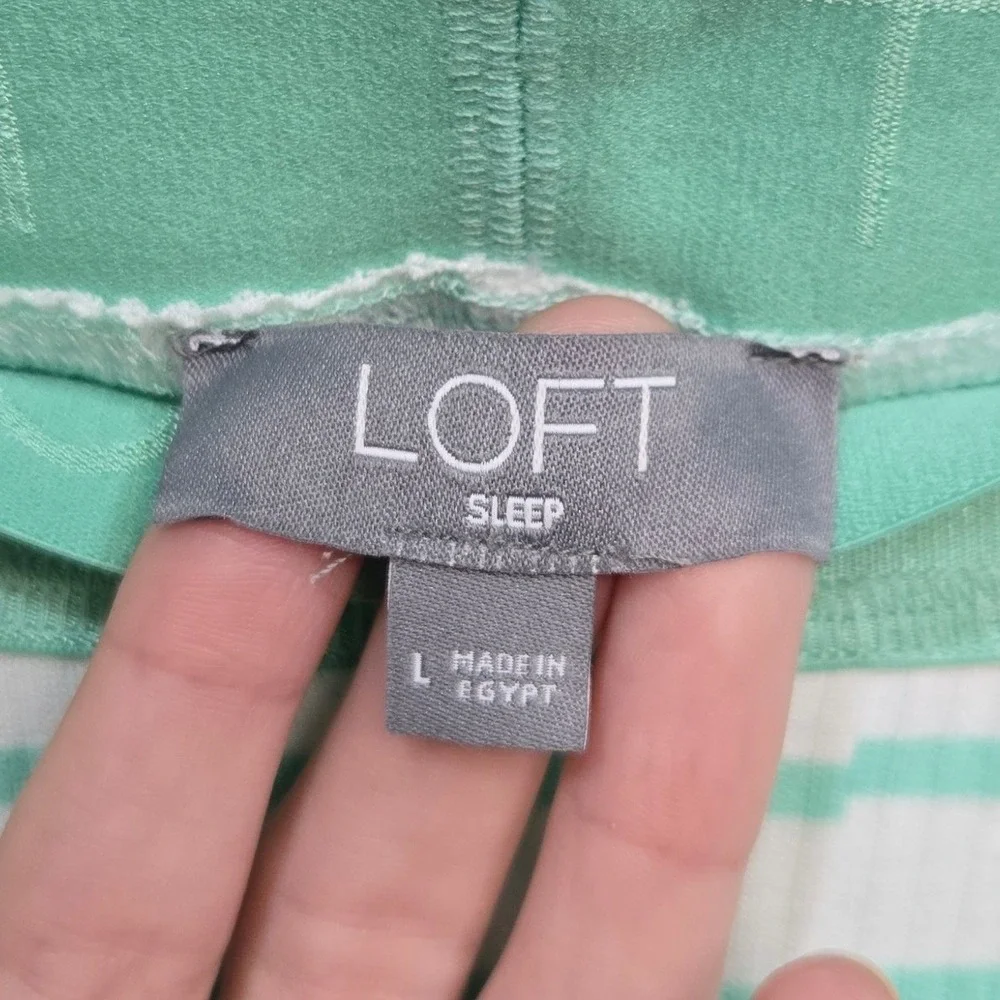 Loft 2 Piece Bike Short Pajama Set Large Green Striped Ribbed Jersey Knit Lounge